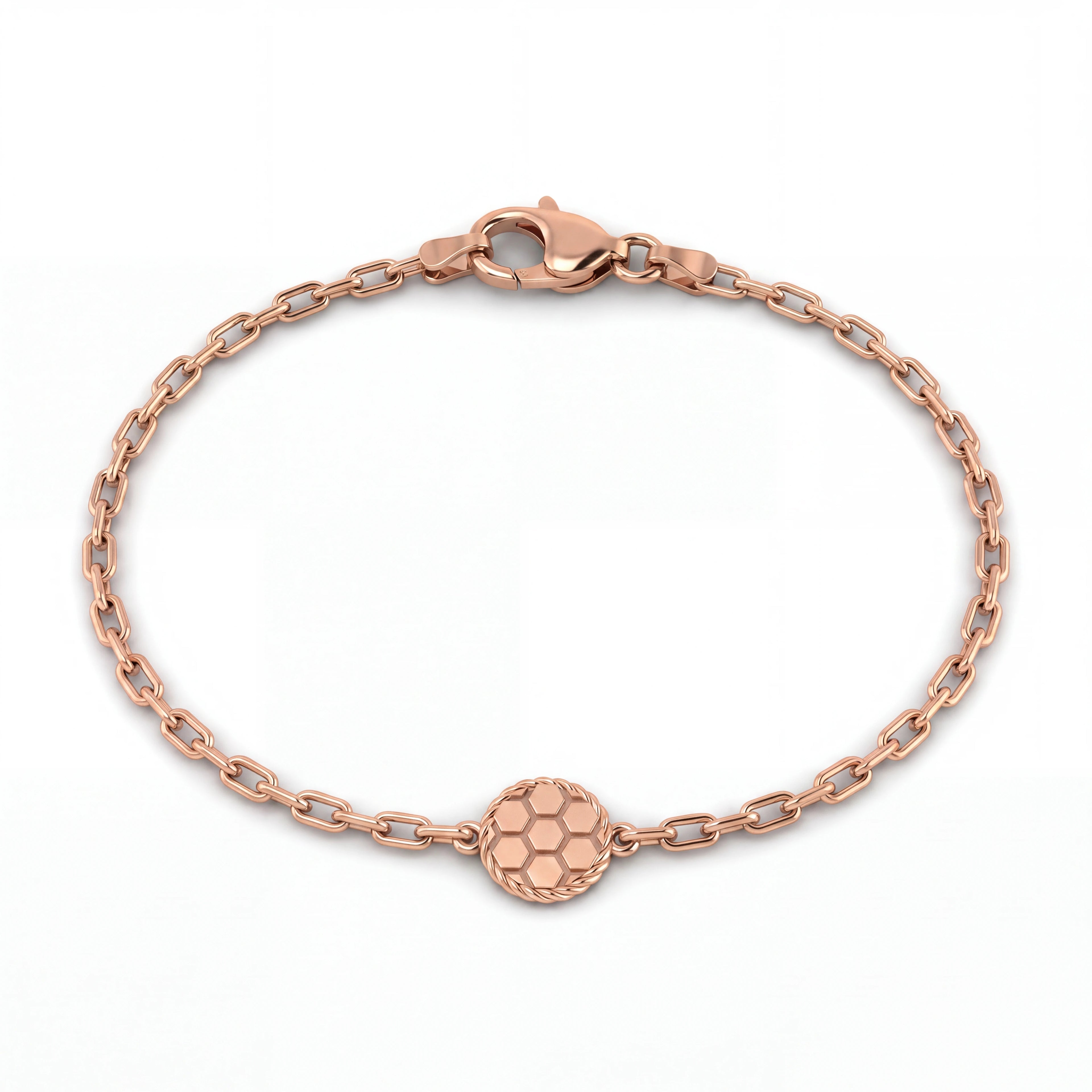 Honeycomb chain bracelet in solid 14K rose gold with a hexagon station on a fine cable chain — Black Pearl of Queens