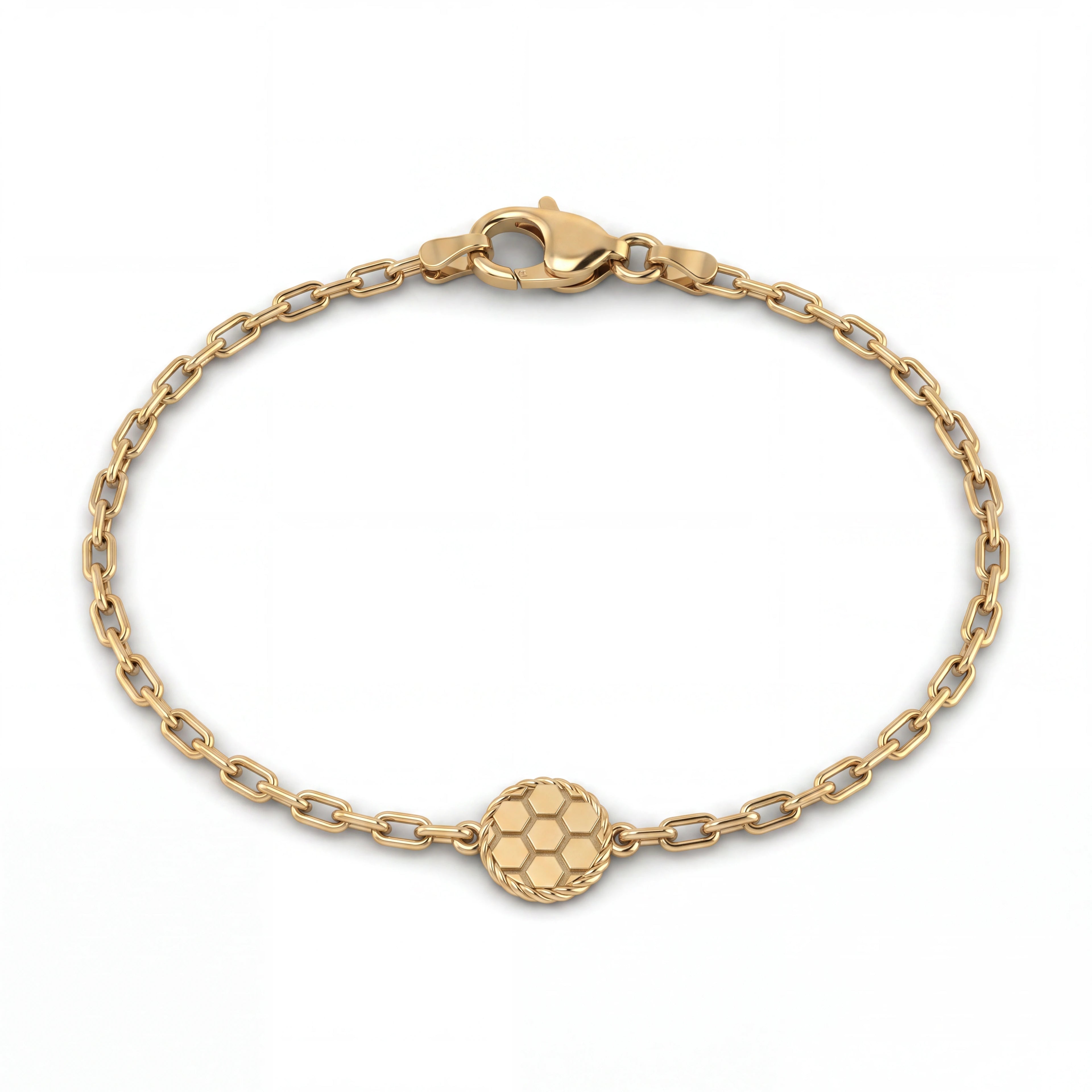 Honeycomb chain bracelet in solid 14K white gold with a hexagon station on a fine cable chain — Black Pearl of Queens