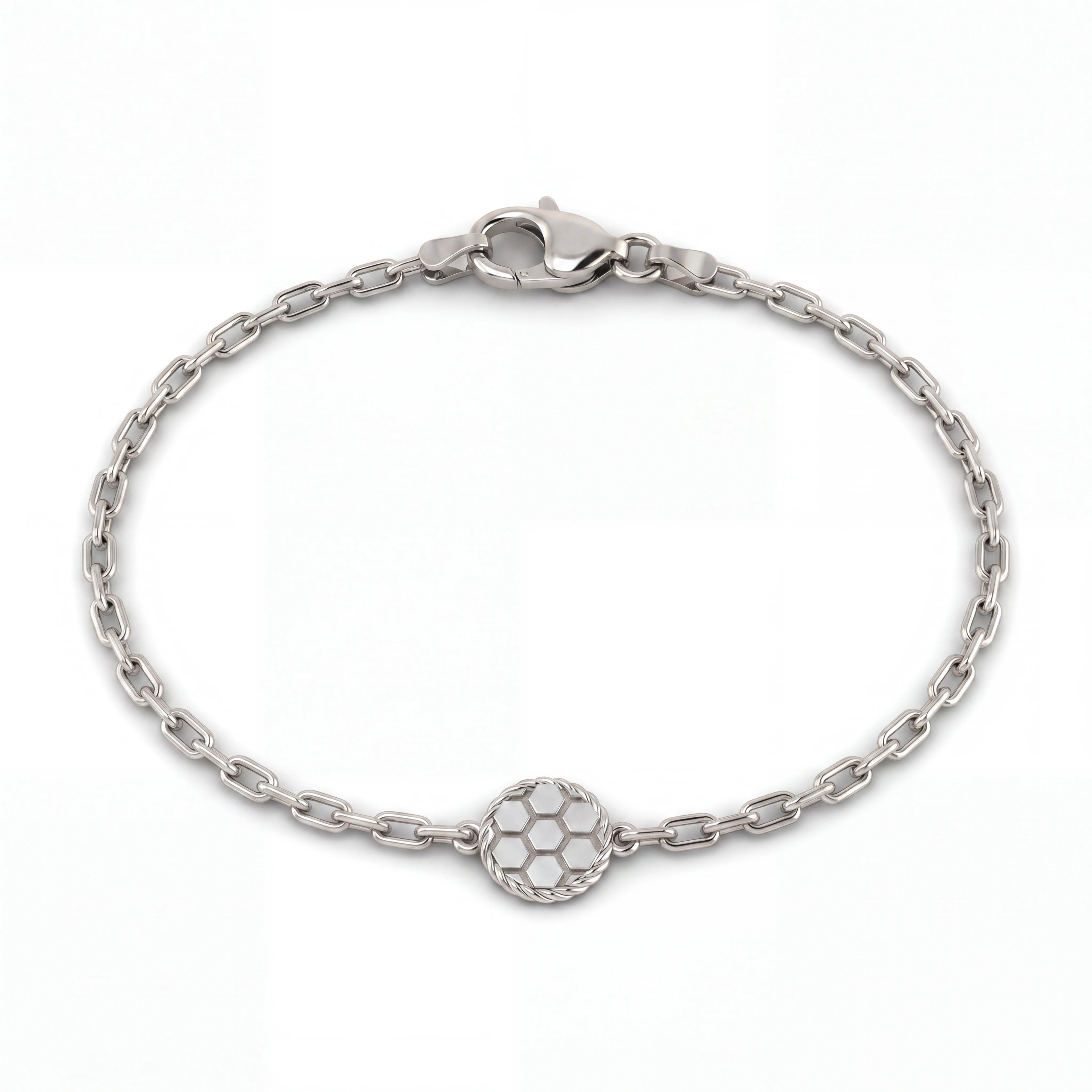 Honeycomb chain bracelet in solid 14K yellow gold with a hexagon station on a fine cable chain — Black Pearl of Queens