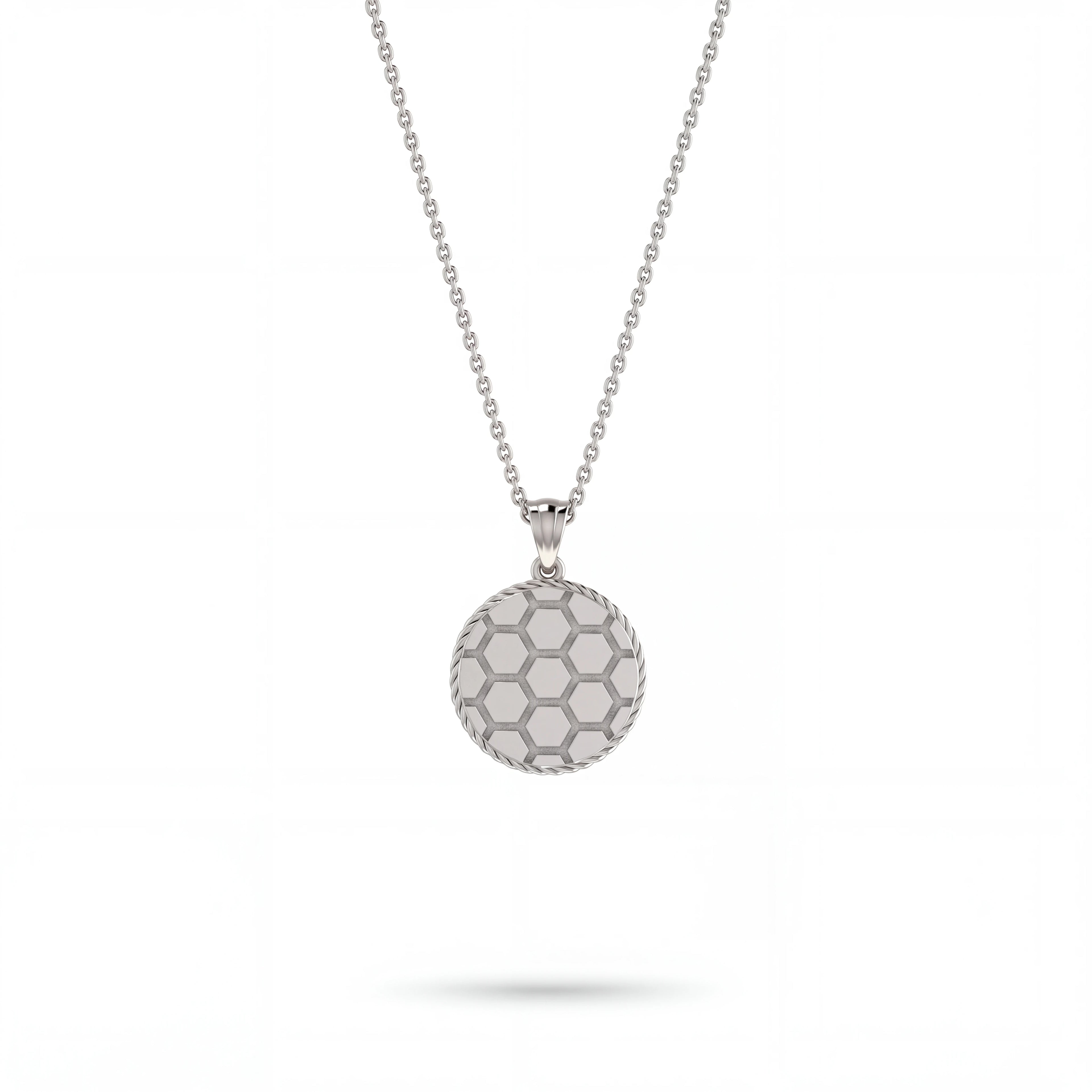 Honeycomb medallion pendant necklace in solid 14K gold, angled view on cable chain — Black Pearl of Queens
