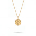 Honeycomb medallion pendant in solid 14K gold, close detail of the hexagon face and rope border — Black Pearl of Queens