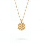 Honeycomb medallion pendant in solid 14K gold, close detail of the hexagon face and rope border — Black Pearl of Queens