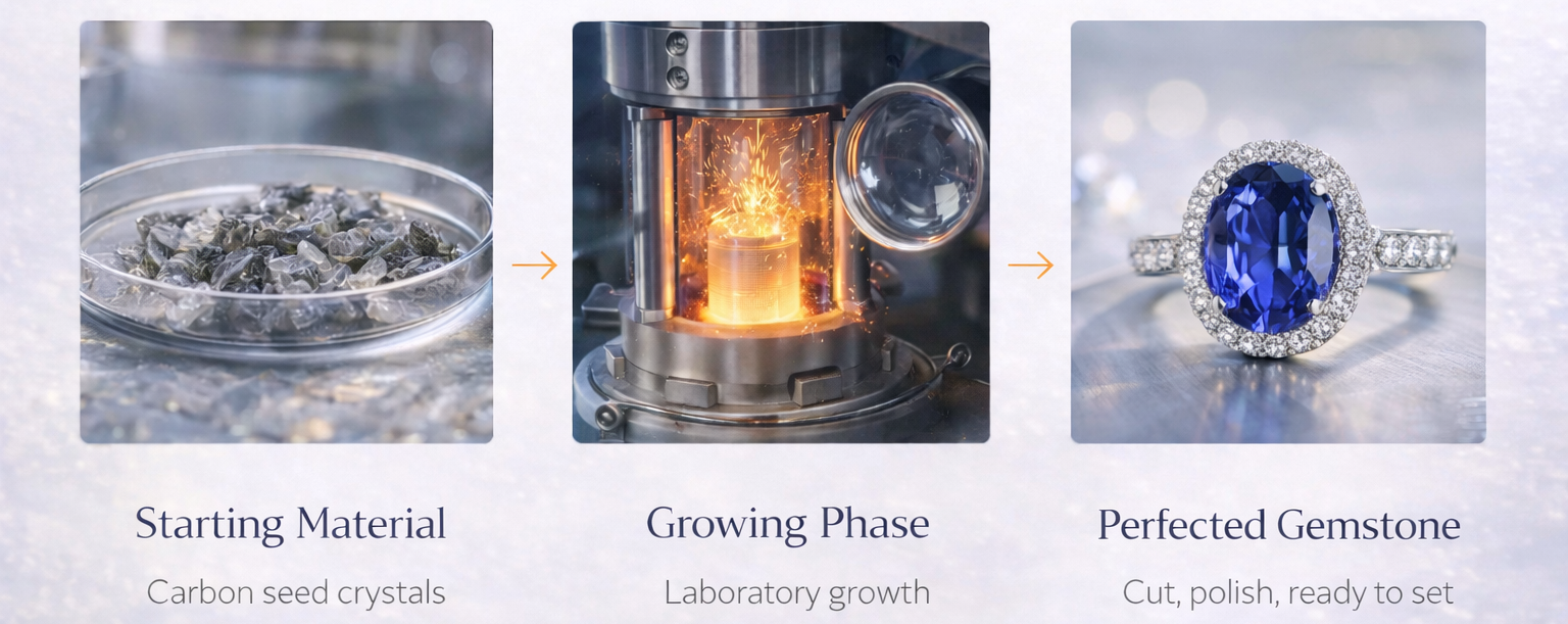 Infographic showing how lab-grown gemstones are created, from seed crystal to laboratory growth and finished gemstone