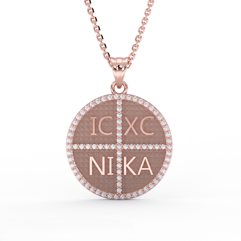 14K rose gold IC XC NIKA diamond Greek medallion pendant necklace