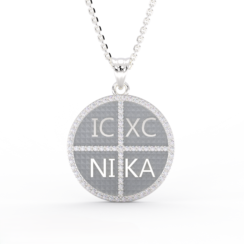 14K white gold IC XC NIKA diamond Greek medallion pendant necklace