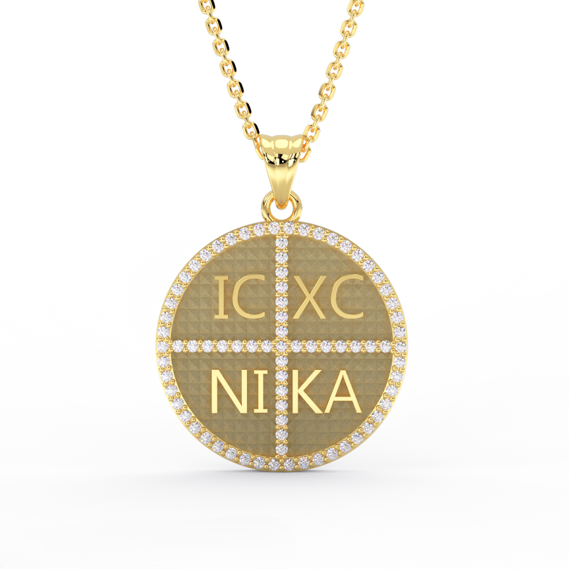 14K yellow gold IC XC NIKA diamond Greek medallion pendant necklace