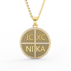 14K yellow gold IC XC NIKA diamond Greek medallion pendant necklace