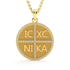 14K gold ICXC NIKA medallion pendant with diamond halo