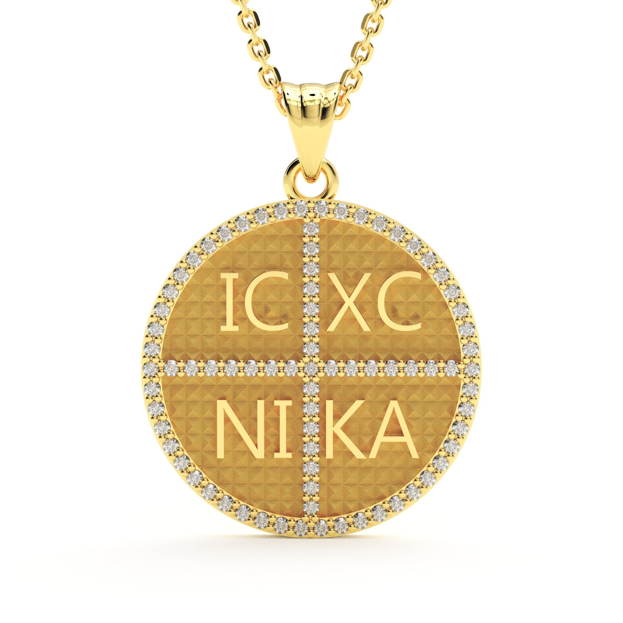 14K gold ICXC NIKA medallion pendant with diamond halo