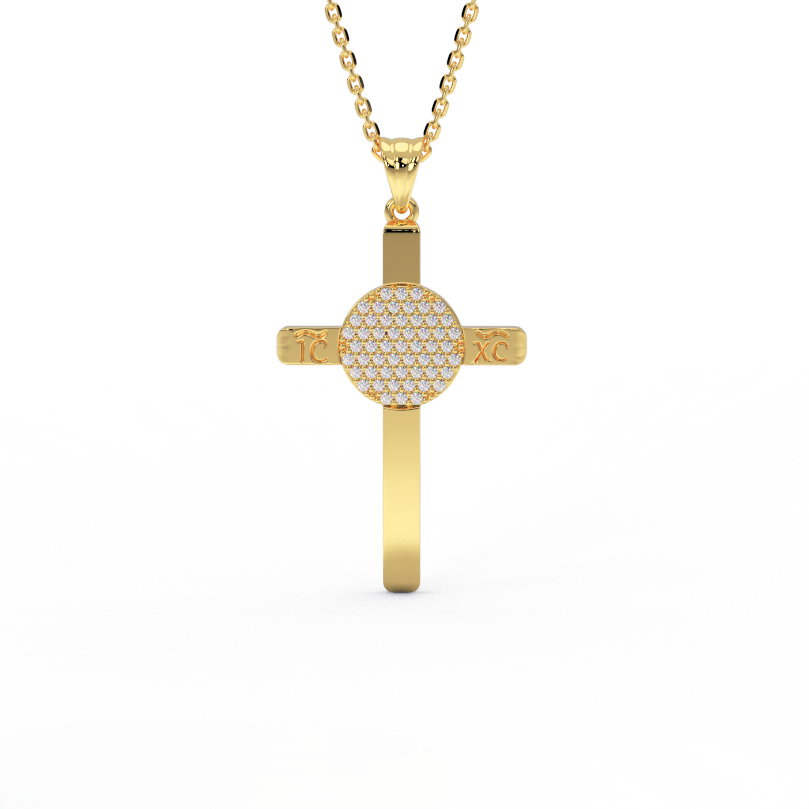 ICXC NIKA pavé diamond cross pendant in 14K yellow gold - handcrafted NYC Byzantine cross necklace