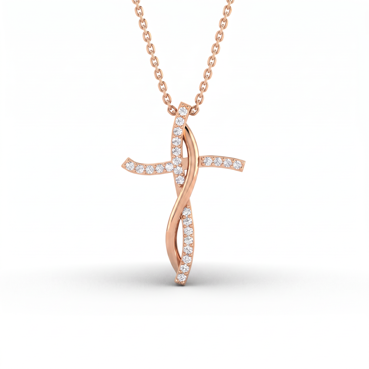 Infinity cross pendant in solid 14K rose gold with pavé Lab-Grown Diamonds along the cross and the curving ribbon