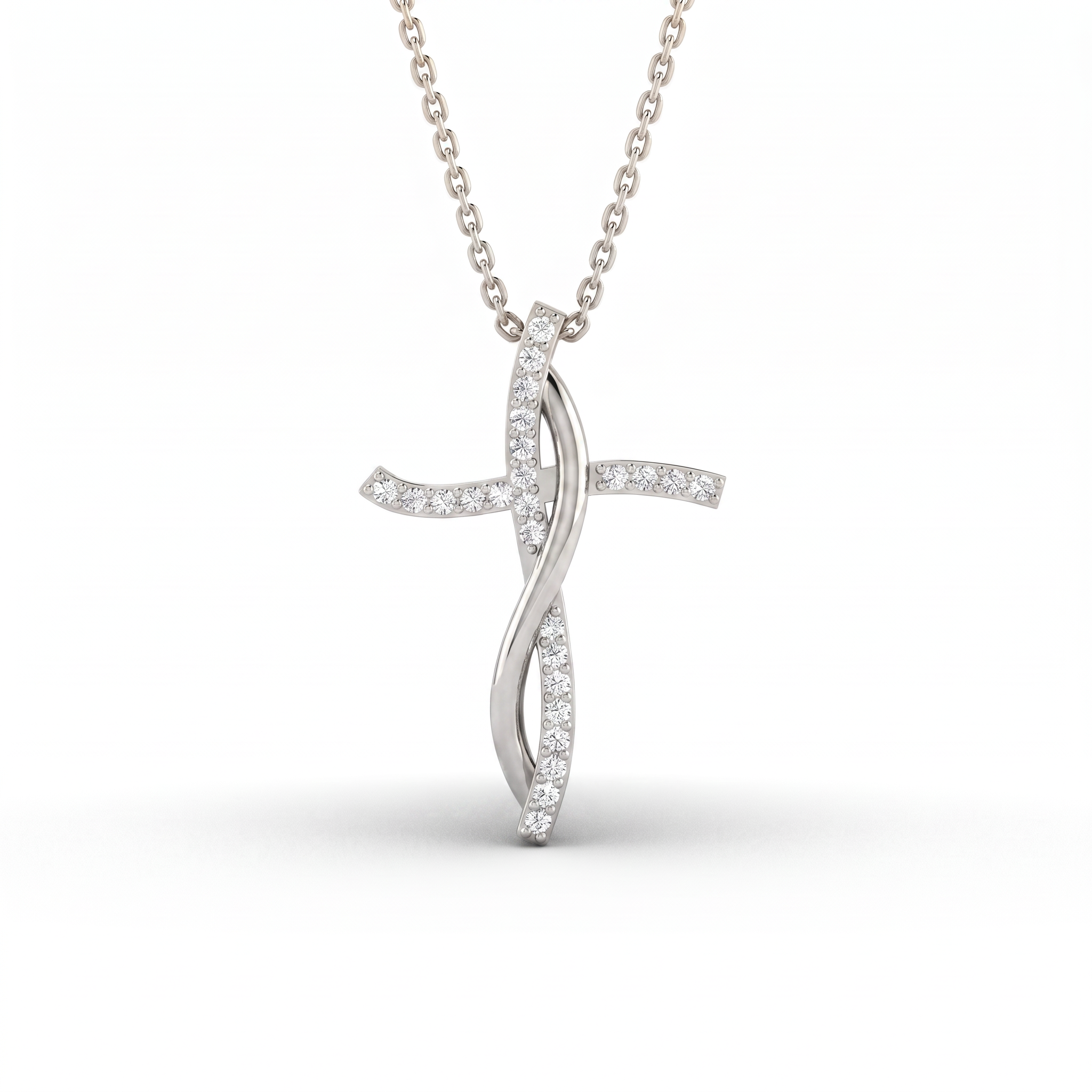 Infinity cross pendant in solid 14K white gold with pavé Lab-Grown Diamonds along the cross and the curving ribbon
