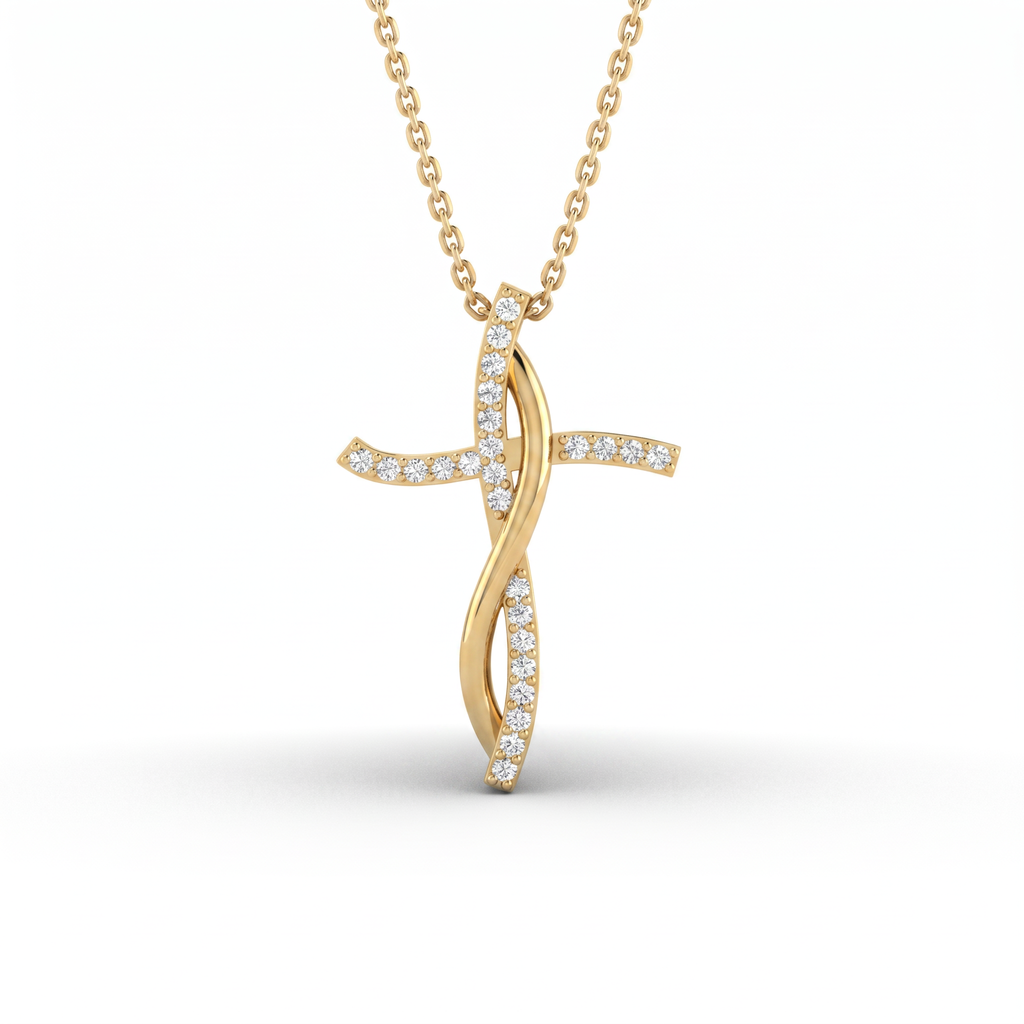 Infinity cross pendant in solid 14K yellow gold with pavé Lab-Grown Diamonds along the cross and the curving ribbon