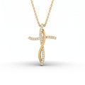 Infinity cross pendant in solid 14K yellow gold with pavé Lab-Grown Diamonds along the cross and the curving ribbon