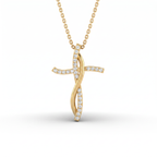 Infinity cross pendant in solid 14K yellow gold with pavé Lab-Grown Diamonds along the cross and the curving ribbon