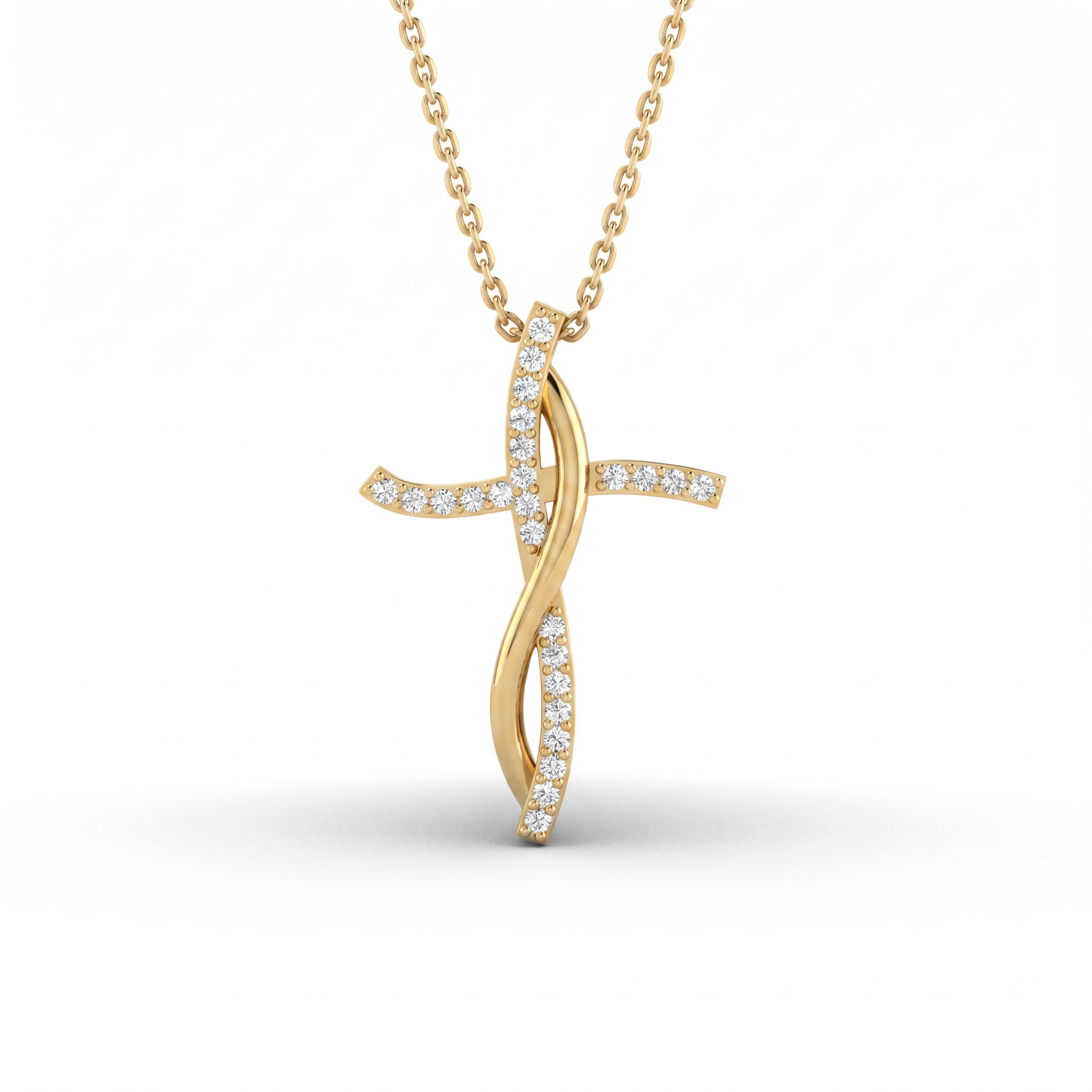 Infinity cross pendant in solid 14K yellow gold with pavé Lab-Grown Diamonds along the cross and the curving ribbon