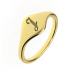 J cursive initial signet ring in gold on an angle view - Black Pearl of Queens