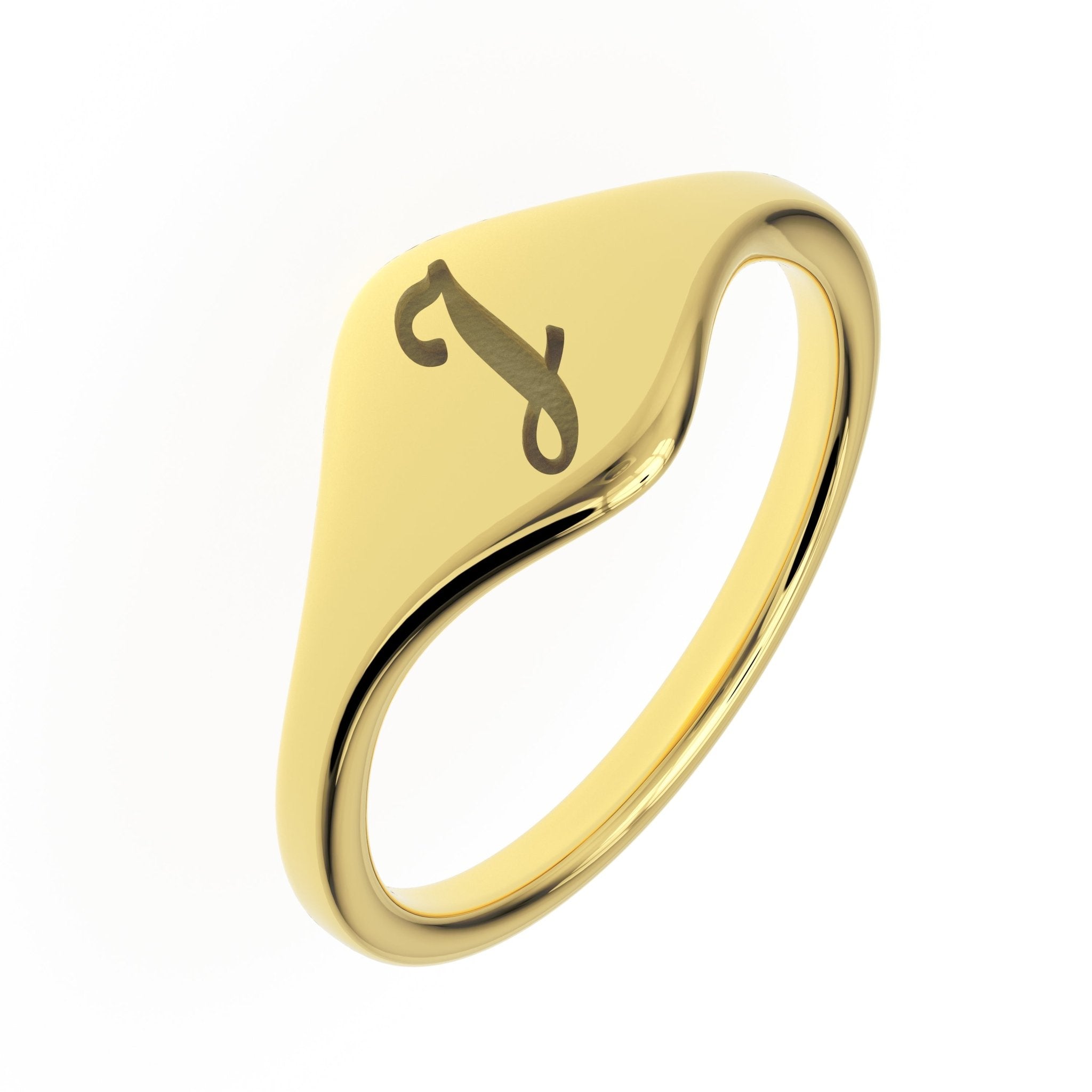 J cursive initial signet ring in gold on an angle view - Black Pearl of Queens