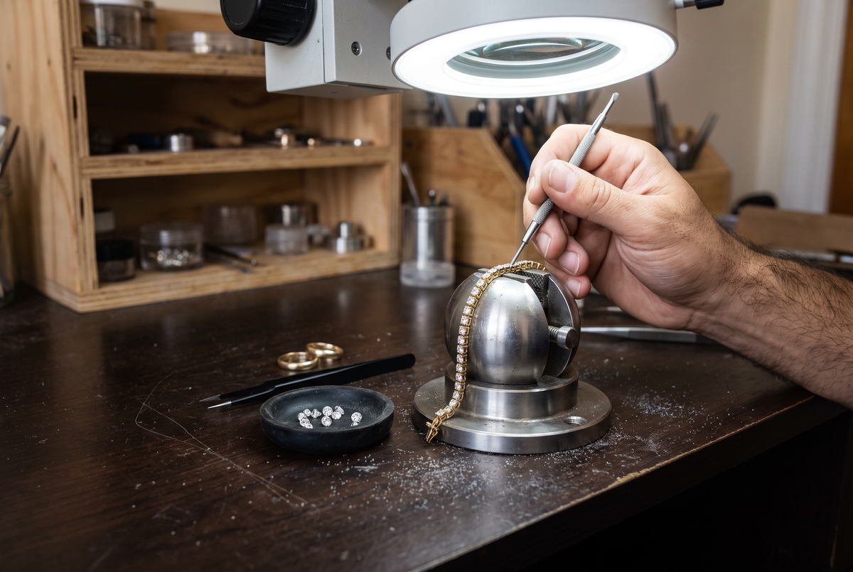 Jeweler hand-setting diamonds in a 14K gold tennis bracelet at a workbench in Queens, NYC