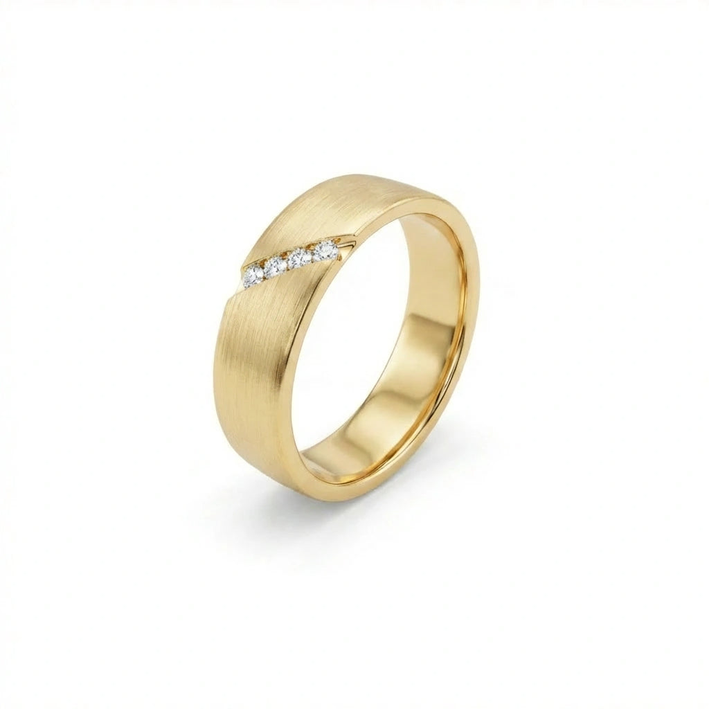 Men’s diagonal diamond band in solid 14K yellow gold with brushed finish and angled channel set round diamonds