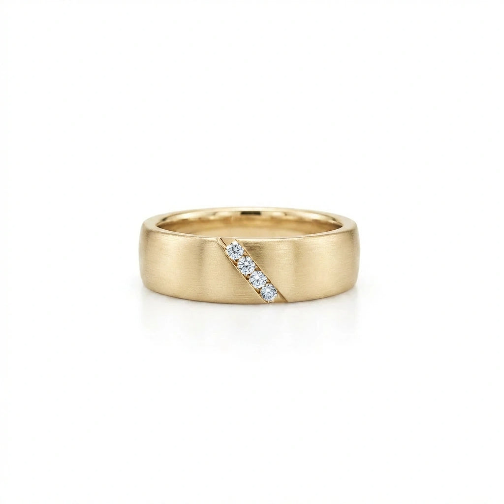 Men’s diagonal diamond band in solid 14K yellow gold with round diamonds set in an angled channel on a brushed finish
