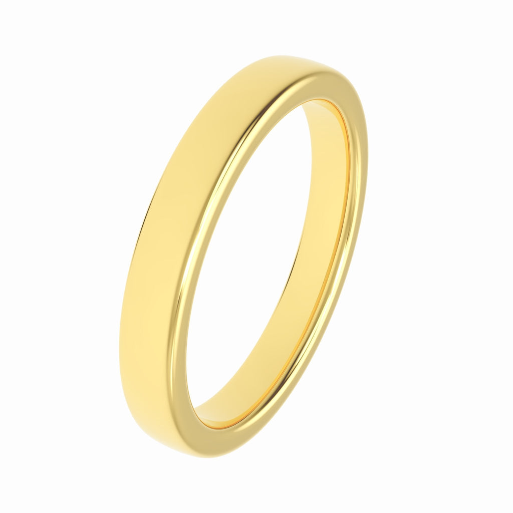 Angled view of Kew Gardens Hills 3mm low-dome 14K yellow gold wedding band showing slim profile