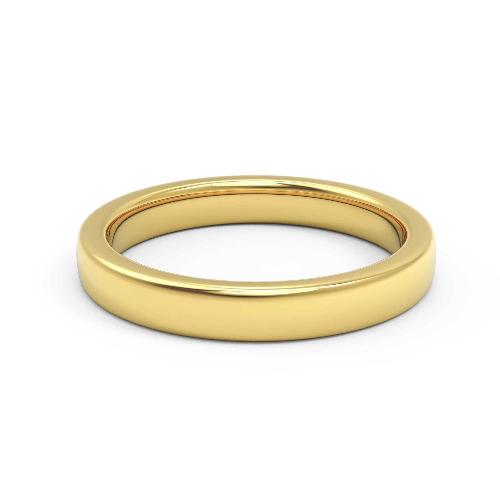 Kew Gardens Hills 3mm low-dome women’s 14K yellow gold wedding band on white background