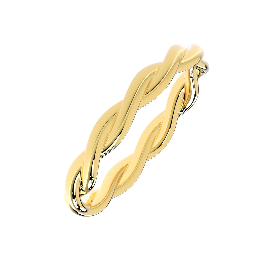 angled view of women’s twist wedding band in solid 14k yellow gold
