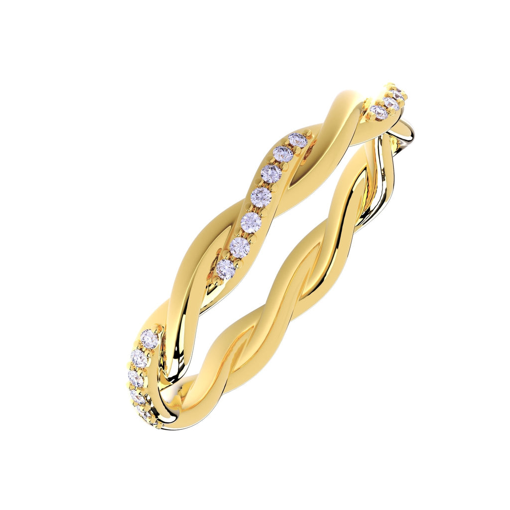 Angled view of twisted 14K gold wedding band with diamond pavé detail