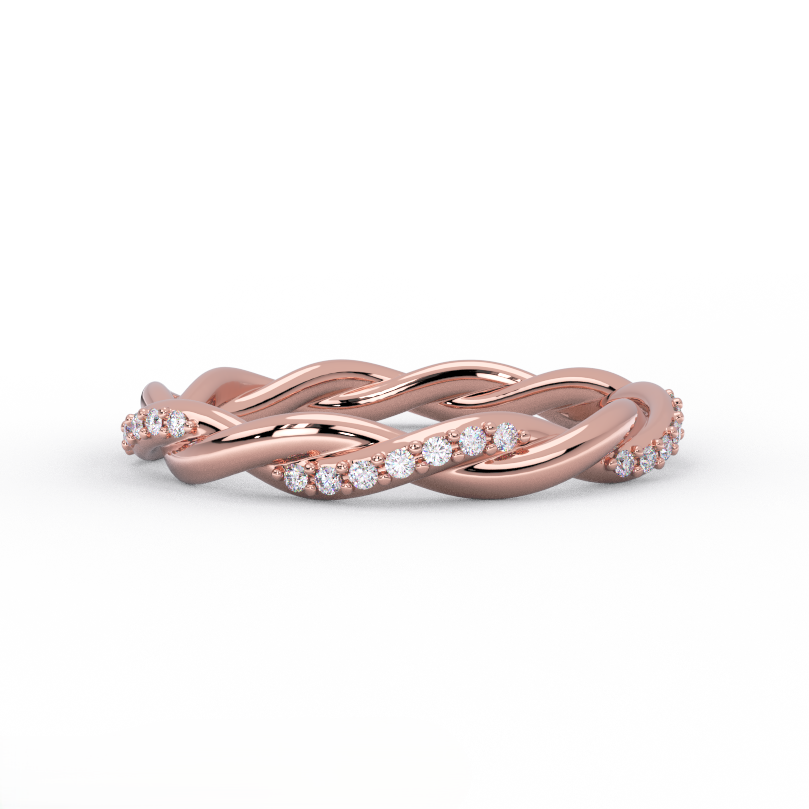Twisted diamond wedding band in 14K rose gold with pavé diamonds - front view
