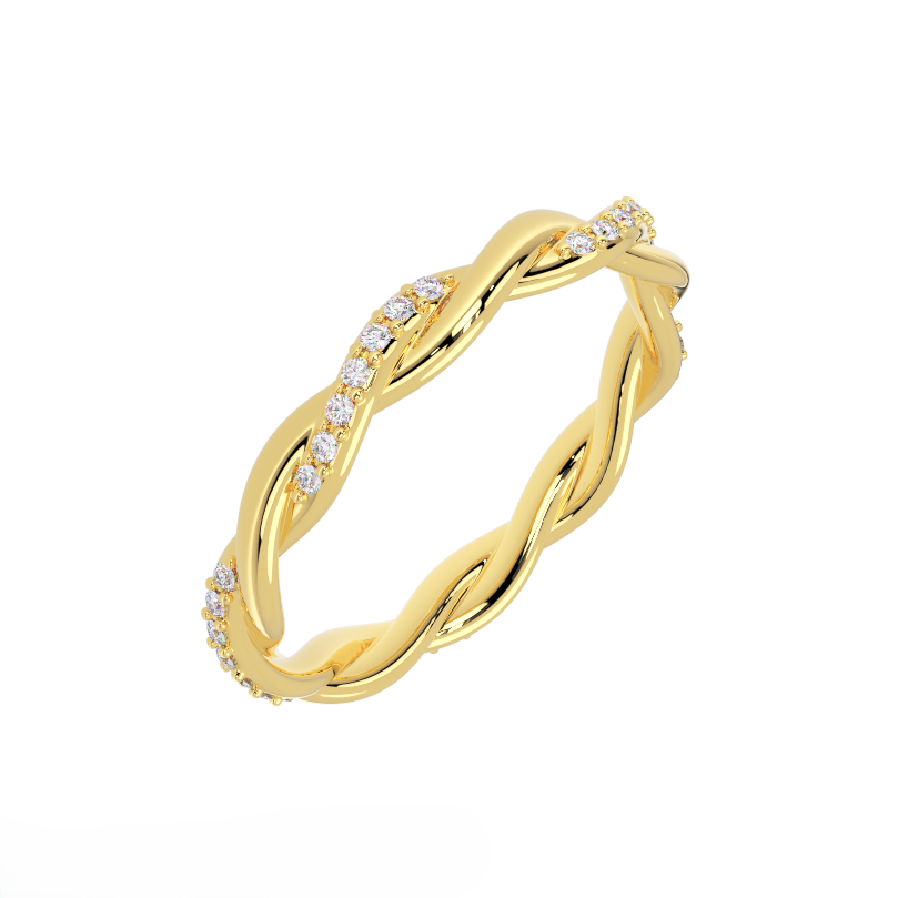 Twisted diamond wedding band in 14K yellow gold with pavé diamonds - angle view