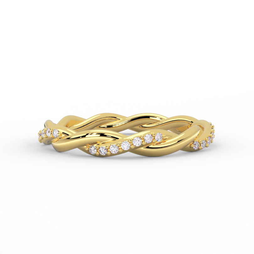 Twisted diamond wedding band in 14K yellow gold with pavé diamonds - front view
