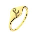Gold ring with a unique design on a white background, L initial cursive sign