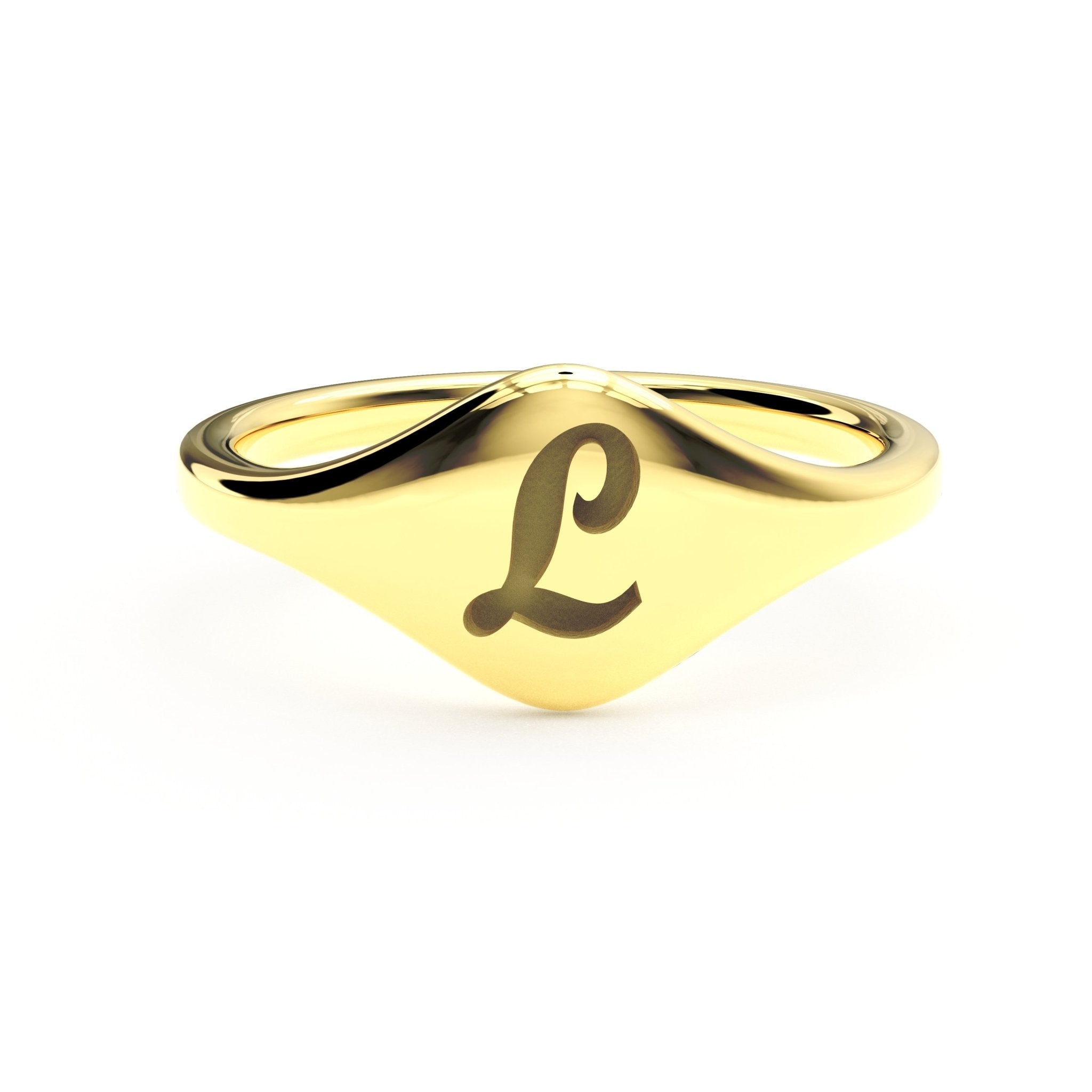 L initial cursive signet ring in polished 14K gold on a soft beige background.