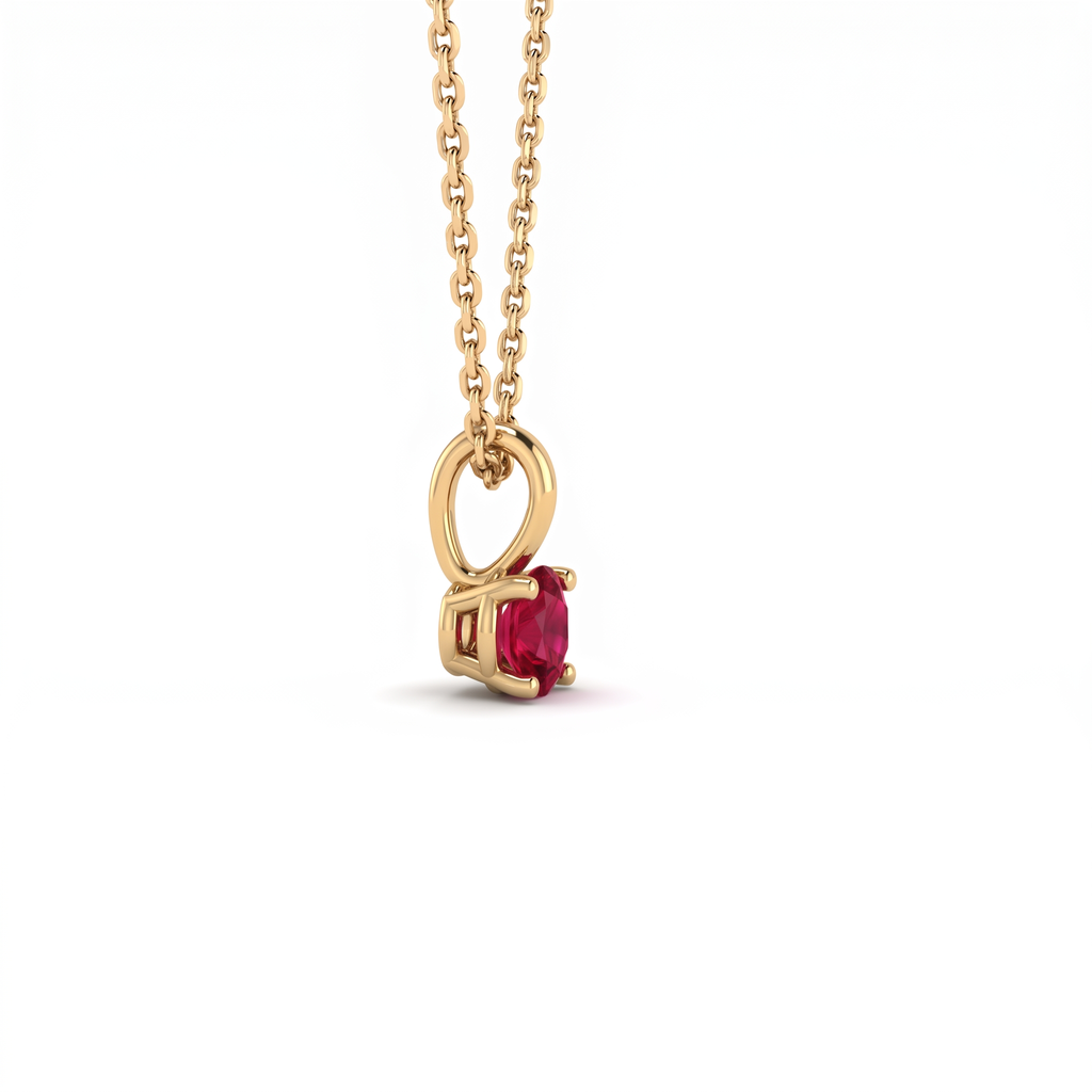 Side profile of the Lab-Created Ruby pendant in 14K yellow gold, showing the open gallery beneath the stone that lets light through