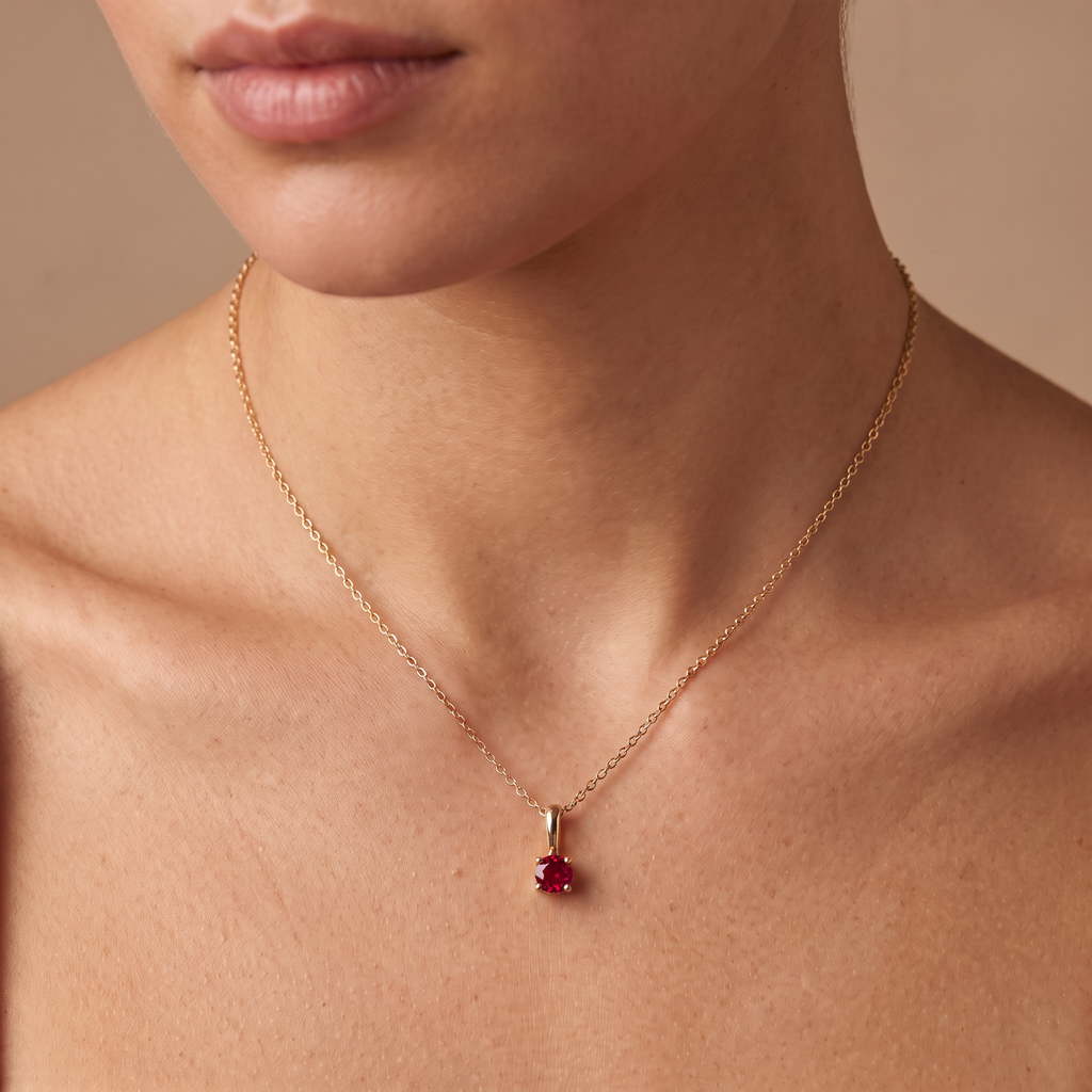 Woman wearing the Lab-Created Ruby solitaire pendant in 14K yellow gold at the collarbone on an adjustable chain