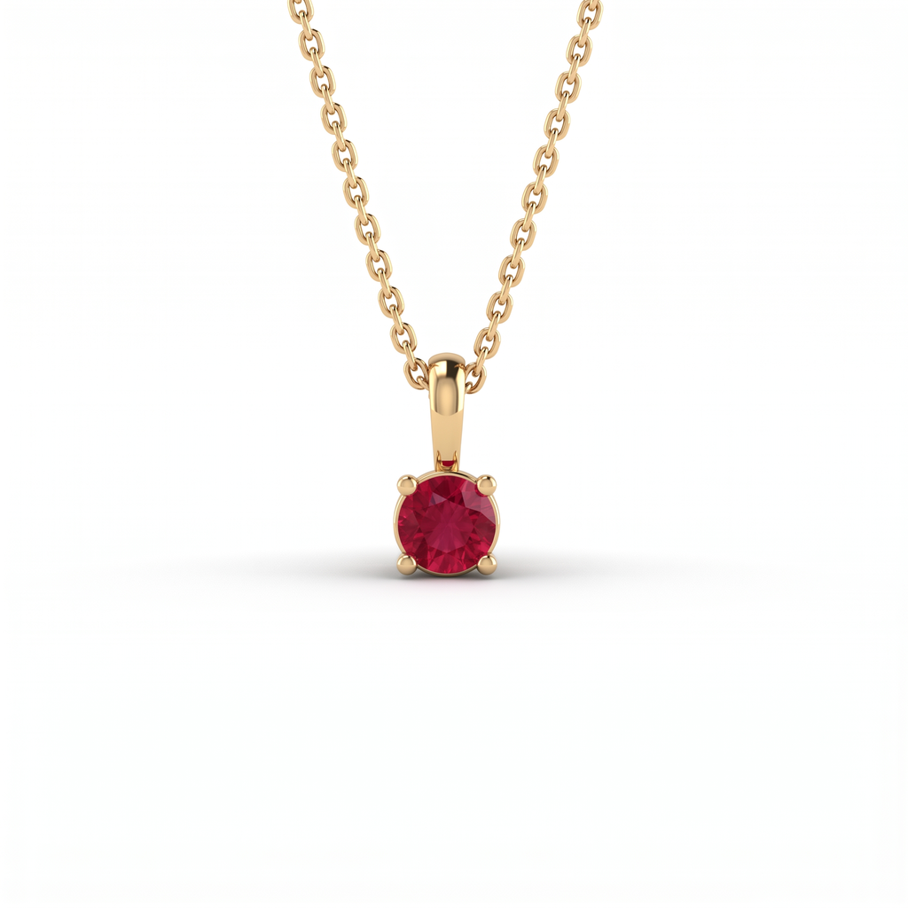 Lab-Created Ruby solitaire pendant in solid 14K yellow gold, 5mm round stone in a four-prong setting on a cable chain