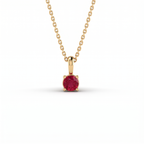 Lab-Created Ruby solitaire pendant in solid 14K yellow gold, 5mm round stone in a four-prong setting on a cable chain