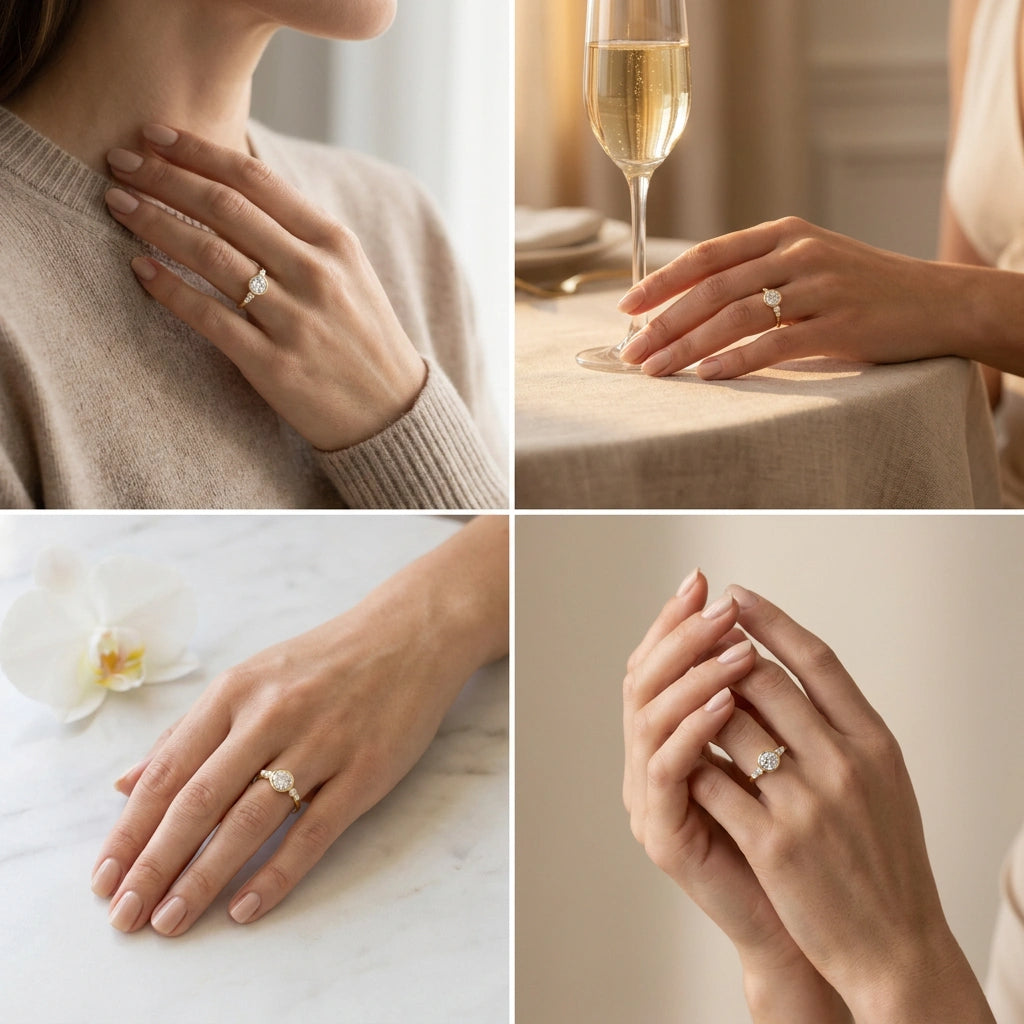 Lab-grown diamond bezel engagement ring worn on hand in four everyday settings