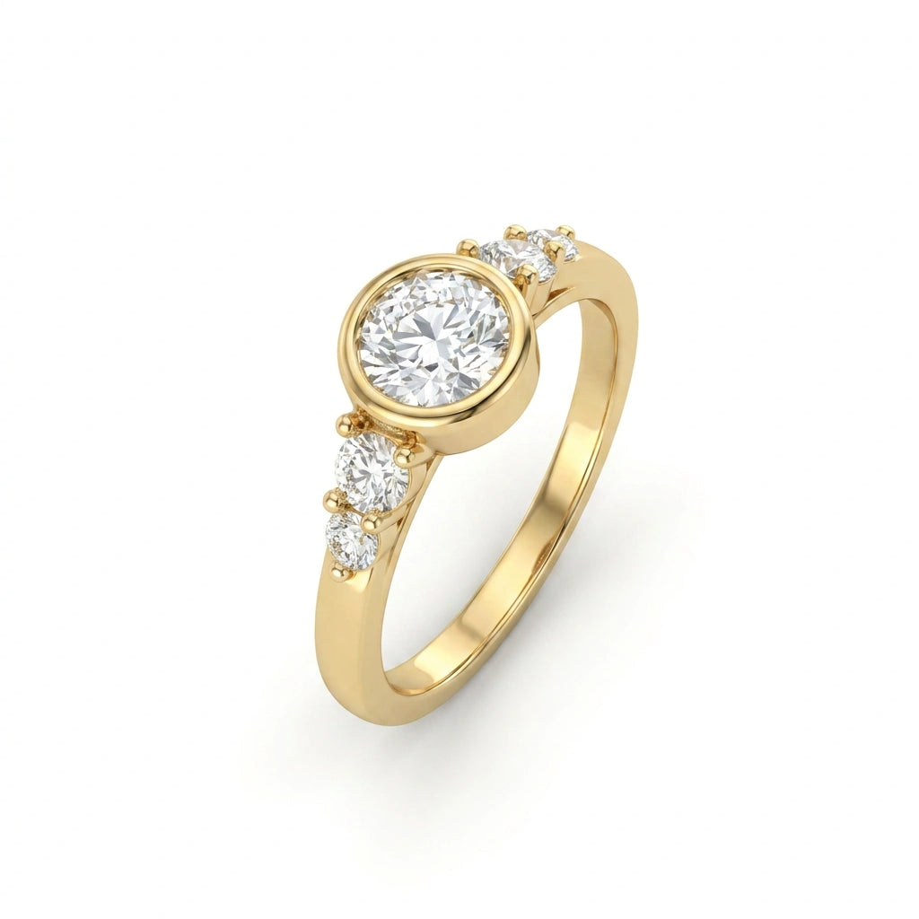 Lab-grown diamond bezel engagement ring in 14K yellow gold, angled view