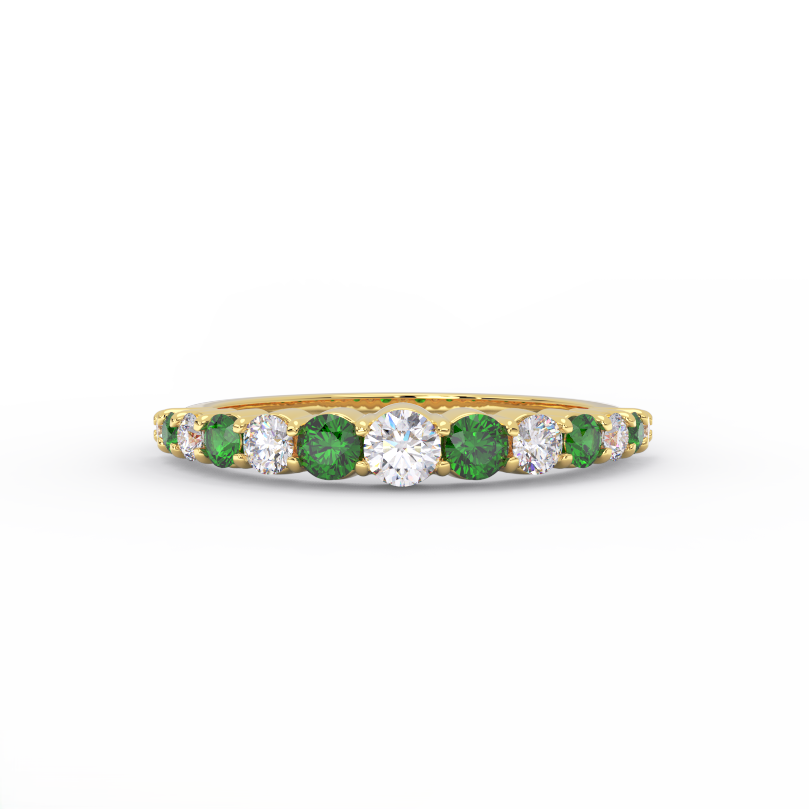 Lab grown emerald and graduated diamond half eternity band in 14K yellow gold - front view