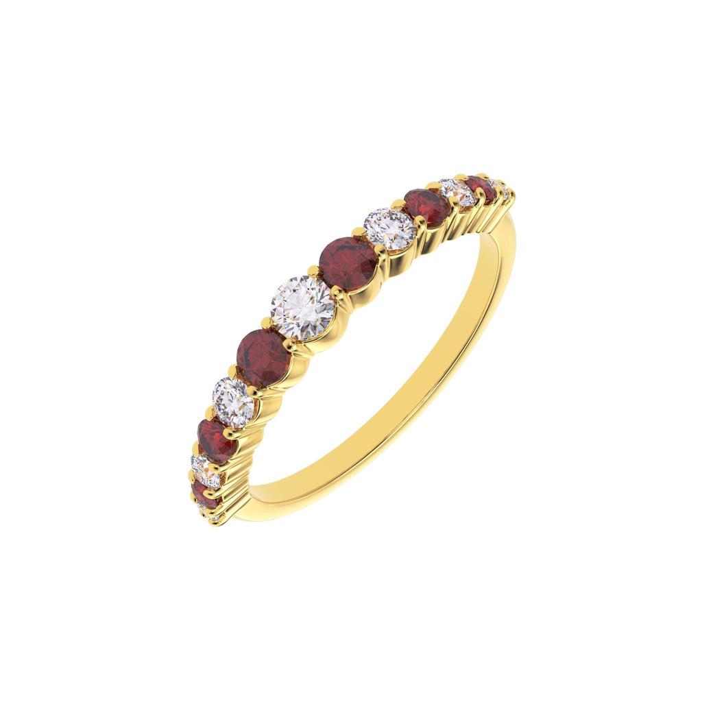 Side angle of ruby and graduated diamond half eternity wedding band in yellow gold