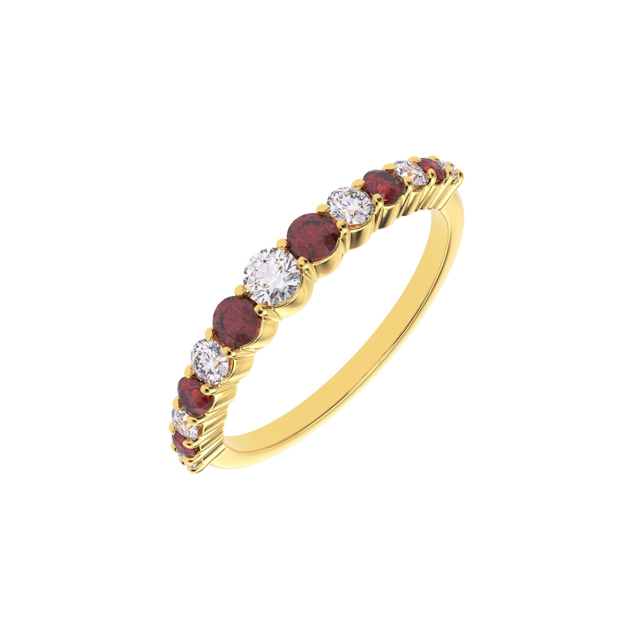 Side angle of ruby and graduated diamond half eternity wedding band in yellow gold