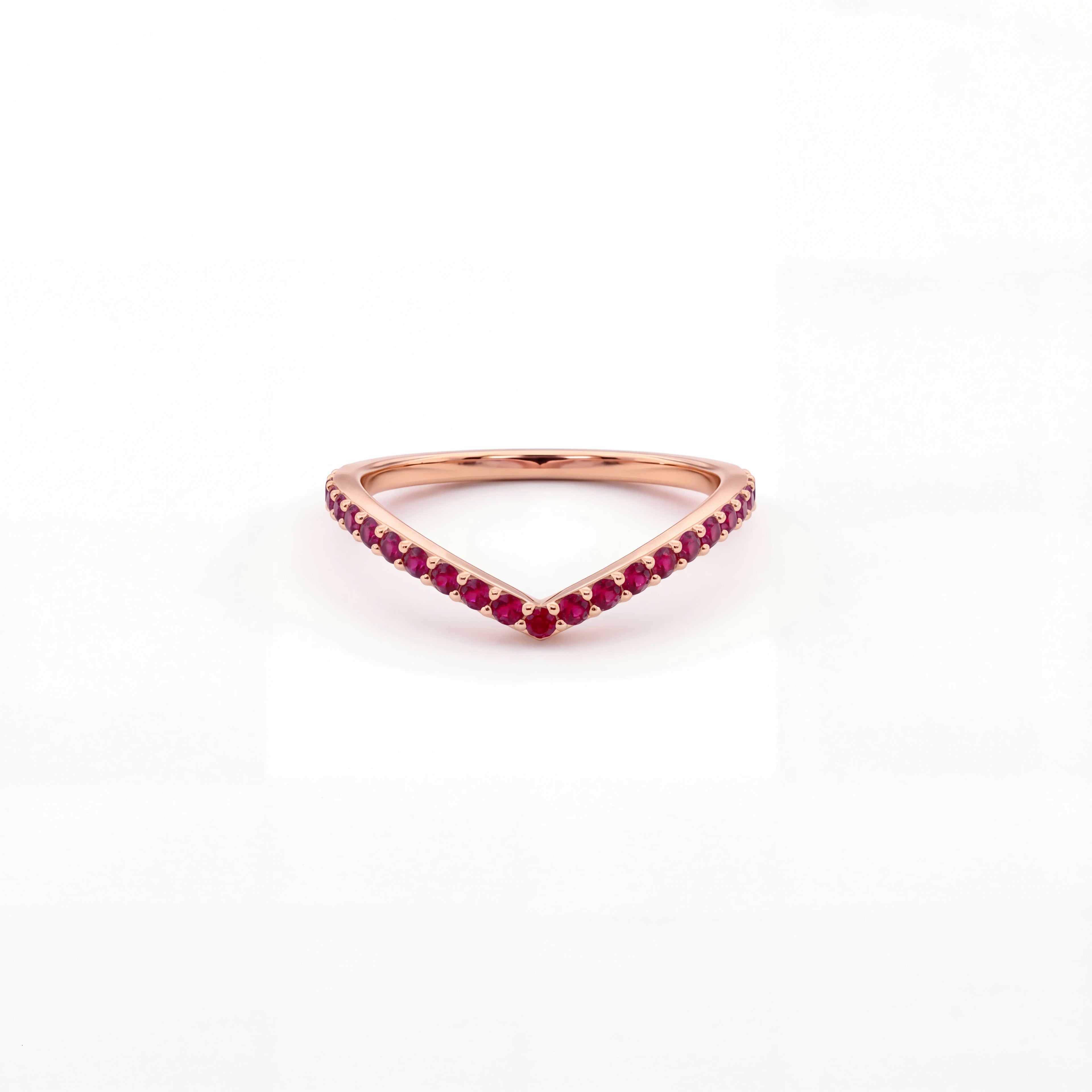 Lab-grown ruby wishbone pavé ring in 14K rose gold, front view — Black Pearl of Queens