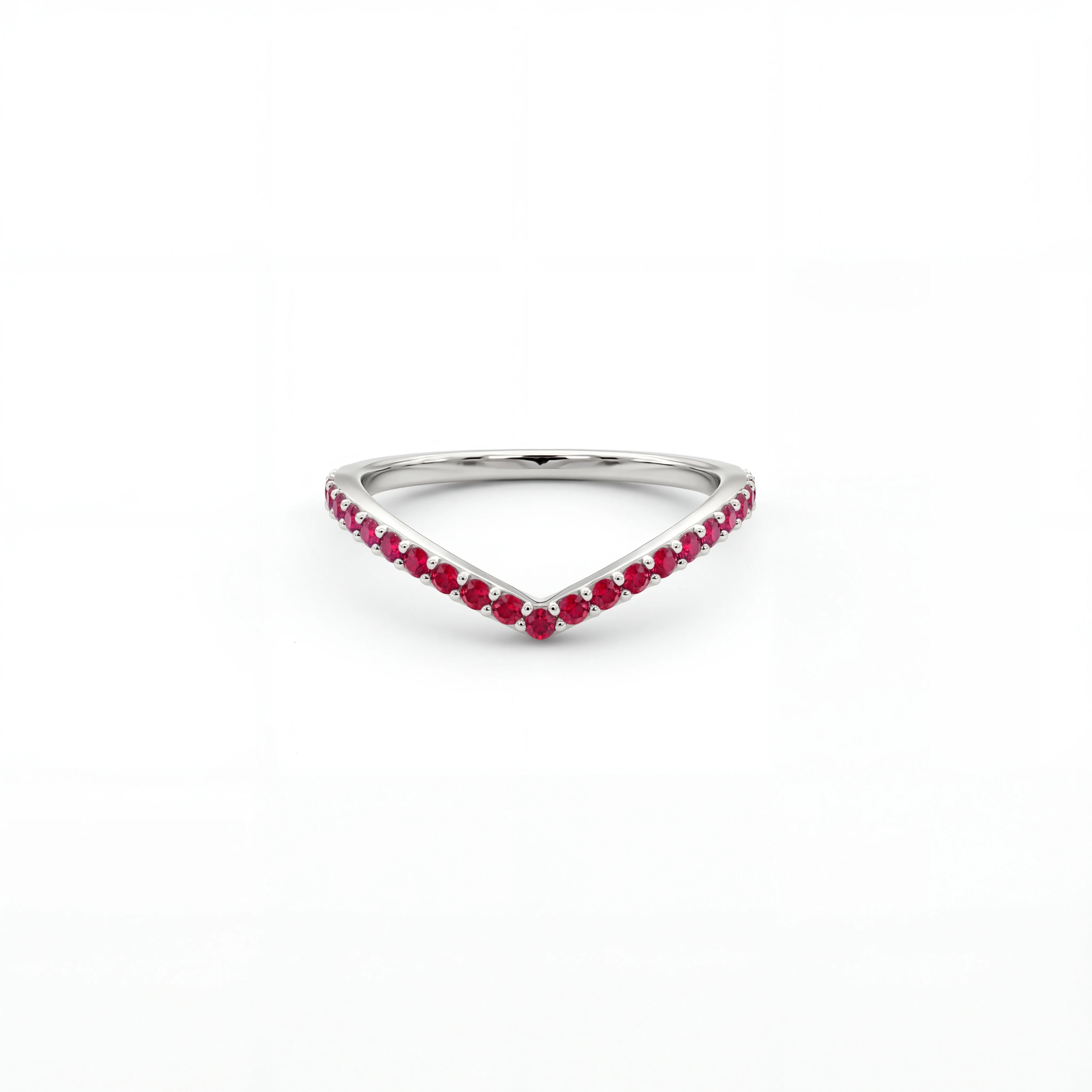 Lab-grown ruby wishbone pavé ring in 14K white gold, front view — Black Pearl of Queens