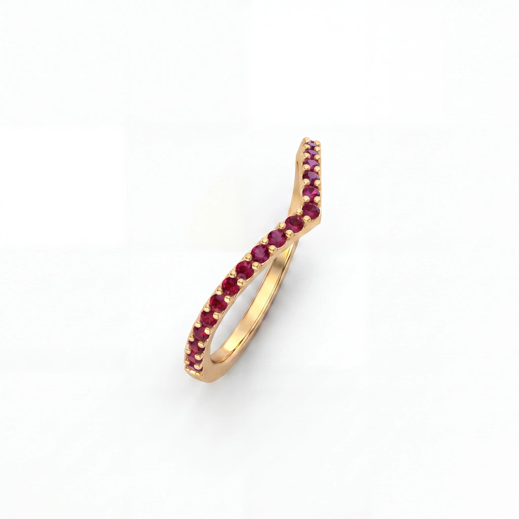 Lab-grown ruby wishbone pavé ring in 14K yellow gold, angled view showing the full band shape — Black Pearl of Queens