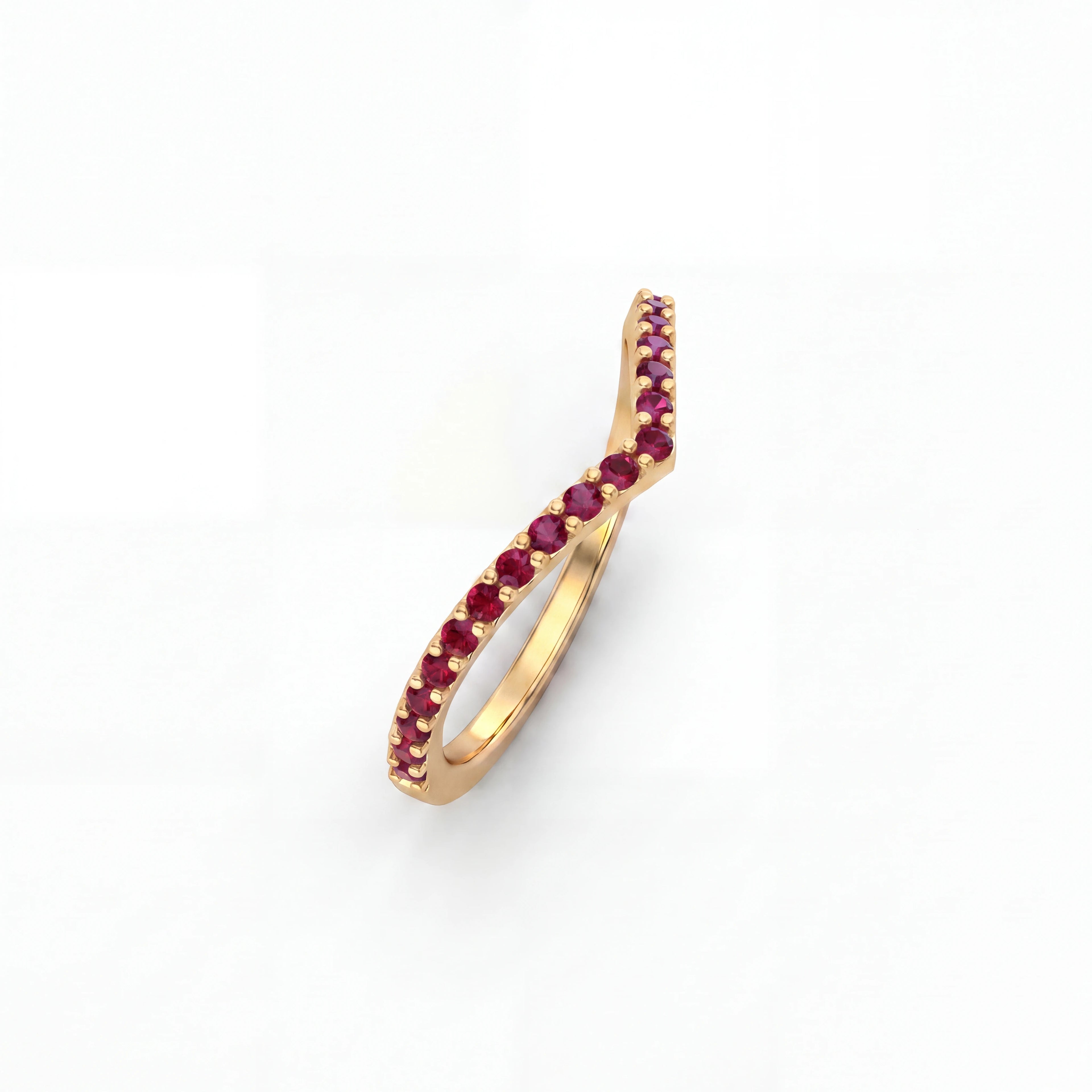 Lab-grown ruby wishbone pavé ring in 14K yellow gold, angled view showing the full band shape — Black Pearl of Queens