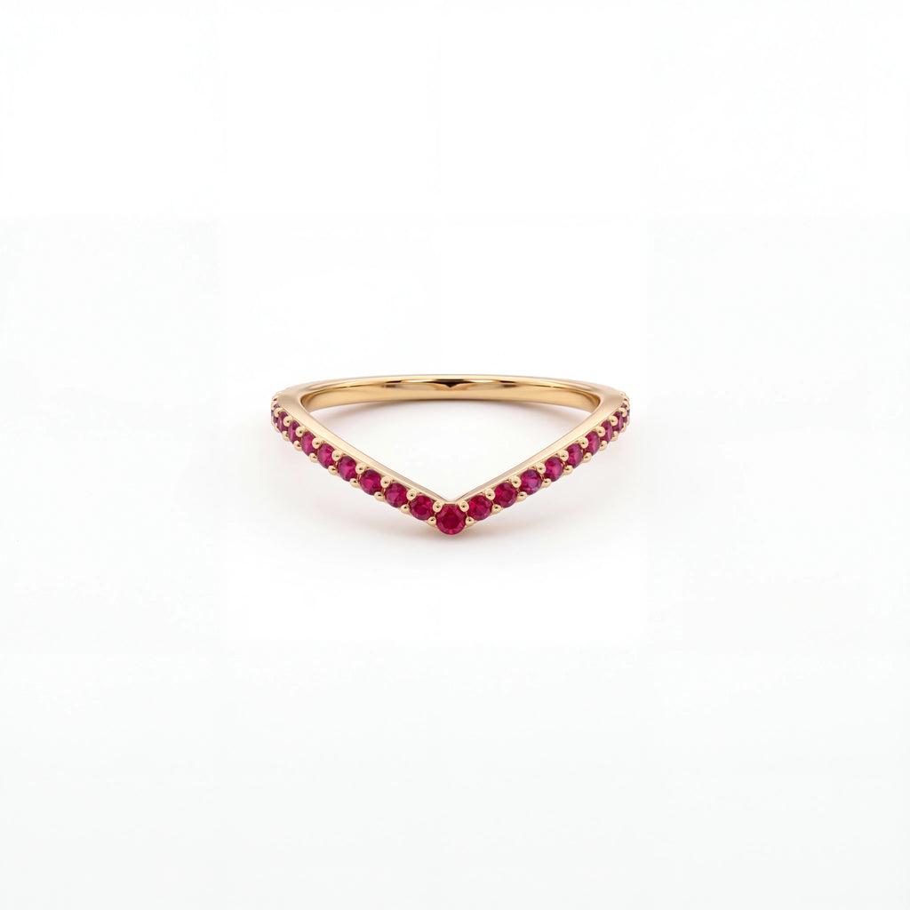 Lab-grown ruby wishbone pavé ring in 14K yellow gold, front view showing the sharp V shape — Black Pearl of Queens