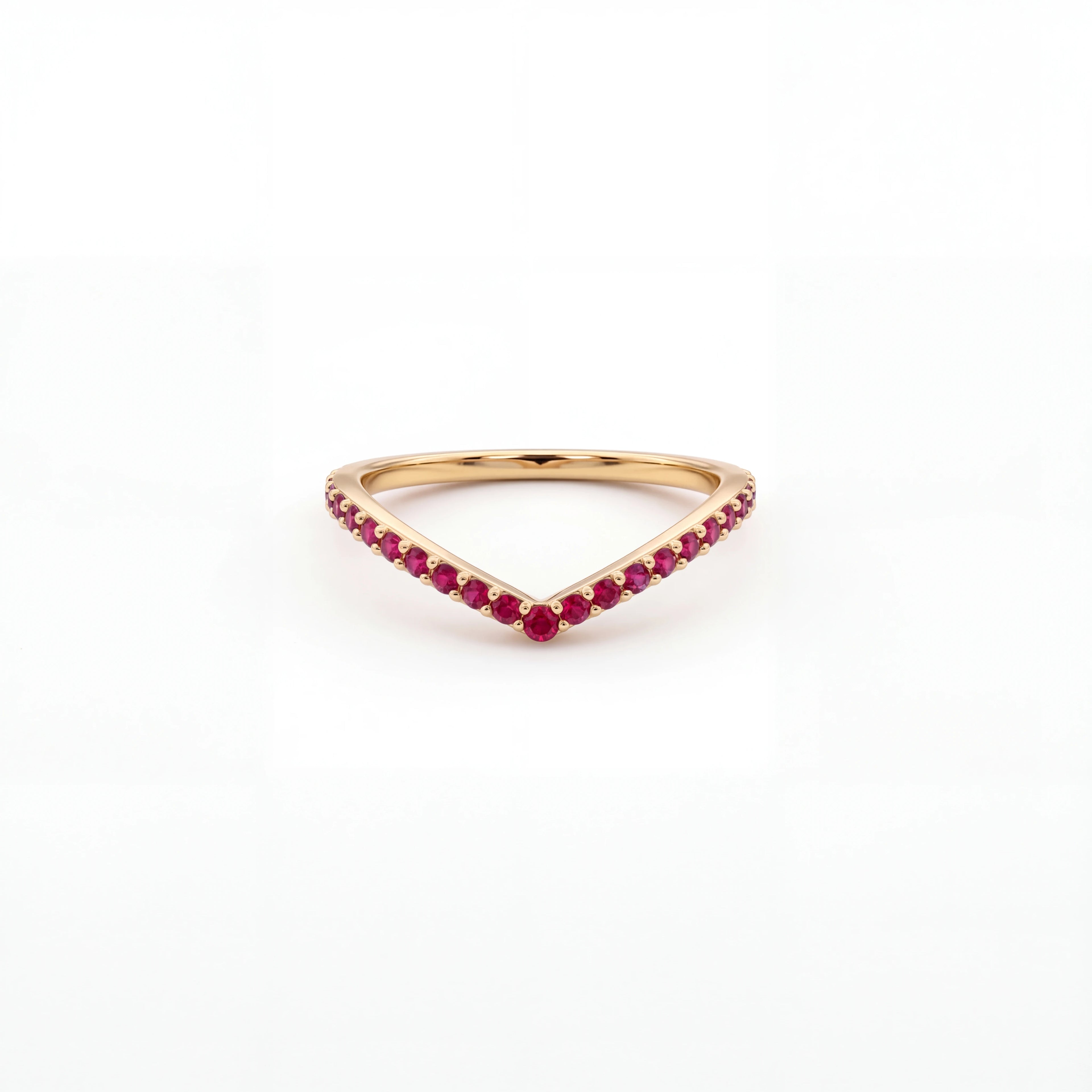 Lab-grown ruby wishbone pavé ring in 14K yellow gold, front view showing the sharp V shape — Black Pearl of Queens