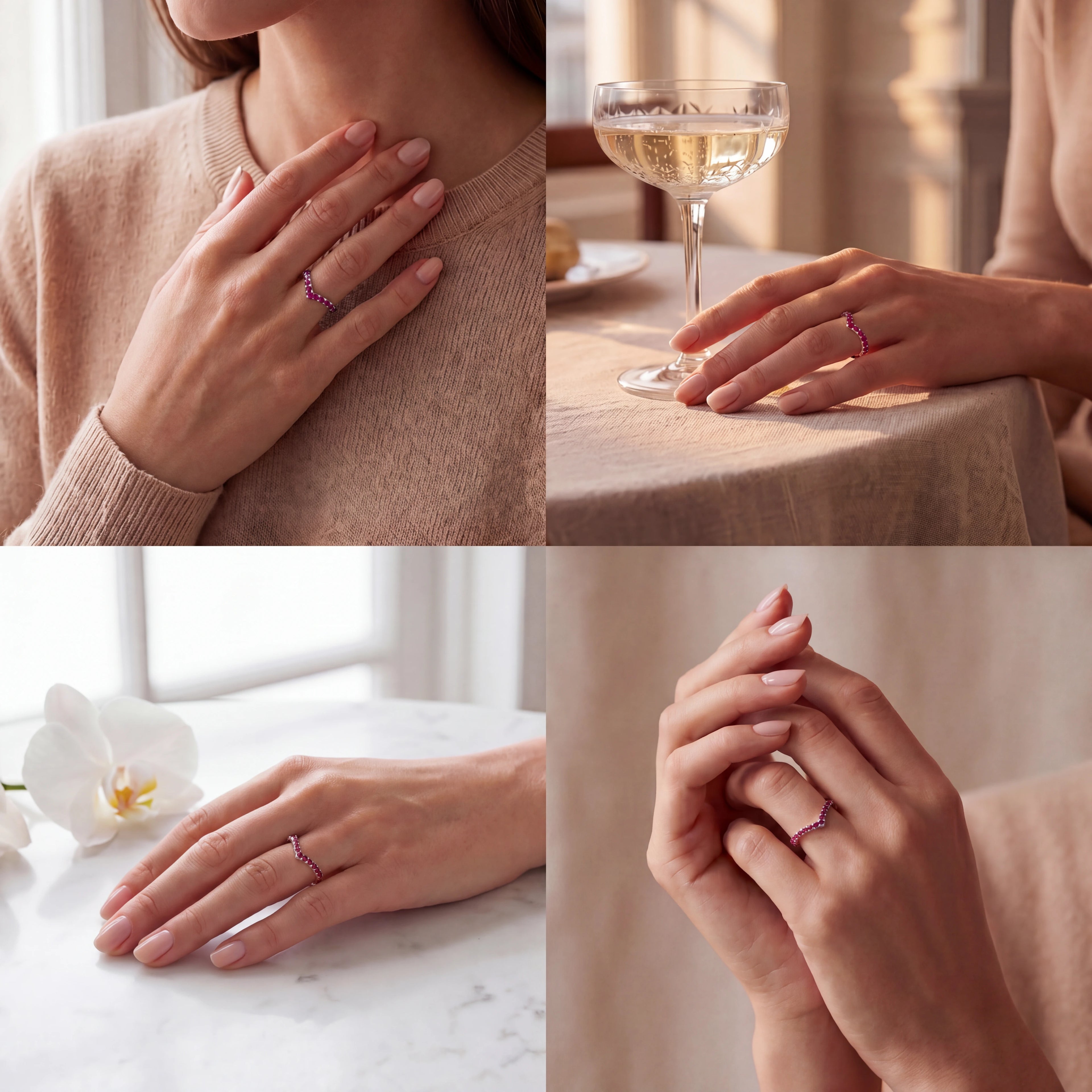 Lab-grown ruby wishbone pavé ring shown in four lifestyle settings — Black Pearl of Queens